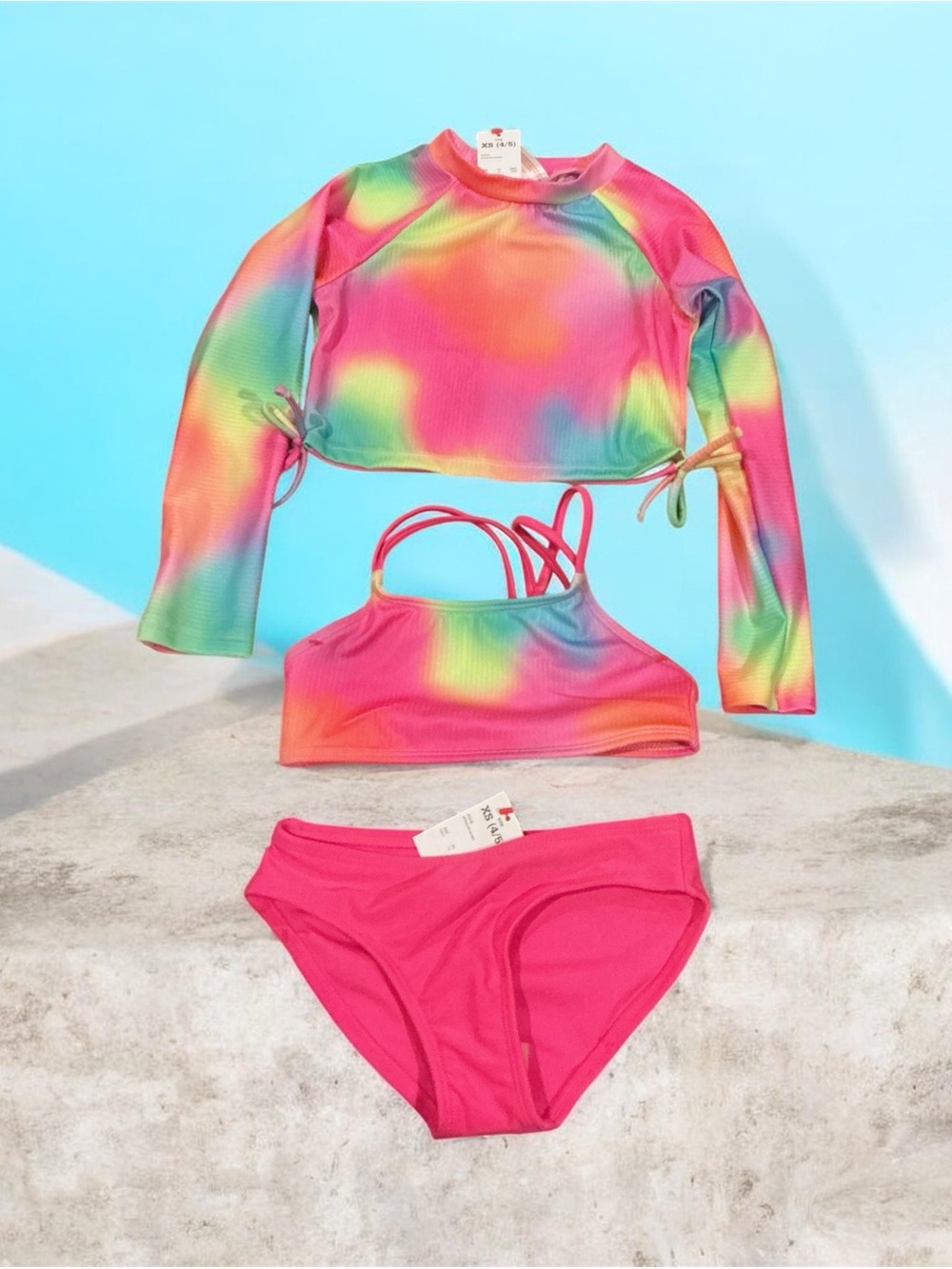 Buy 1 get 1 50% off Rainbow Tie-Dye 3-Piece Swim Set with Hot Pink Bottoms